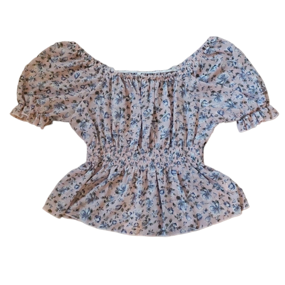 Floral Off Shoulder Shirt Blouse. Size small. Pink and Blue